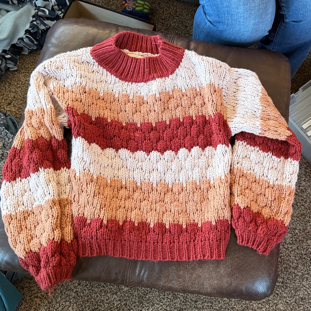 Altar'd State Burgundy, Peach and Pink Striped Sweater